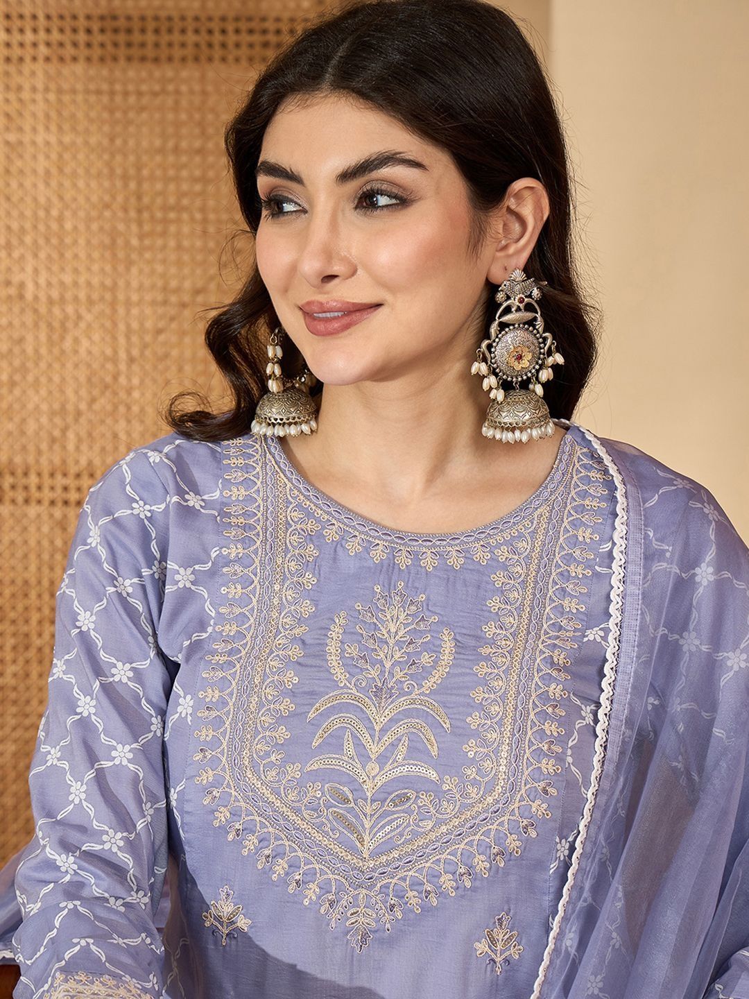 Dhiyona SN Floral Embroidered Thread Work Chinon Silk A-Line Kurta With Palazzos & Dupatta