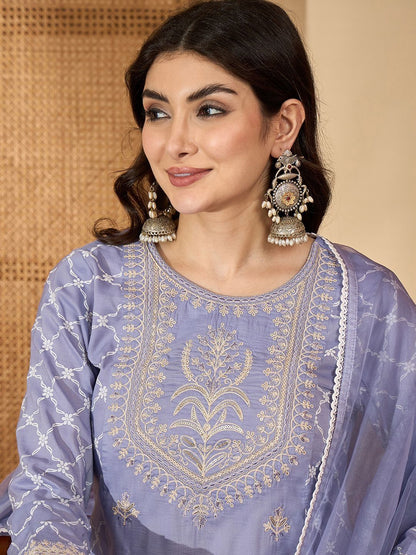 Dhiyona SN Floral Embroidered Thread Work Chinon Silk A-Line Kurta With Palazzos & Dupatta
