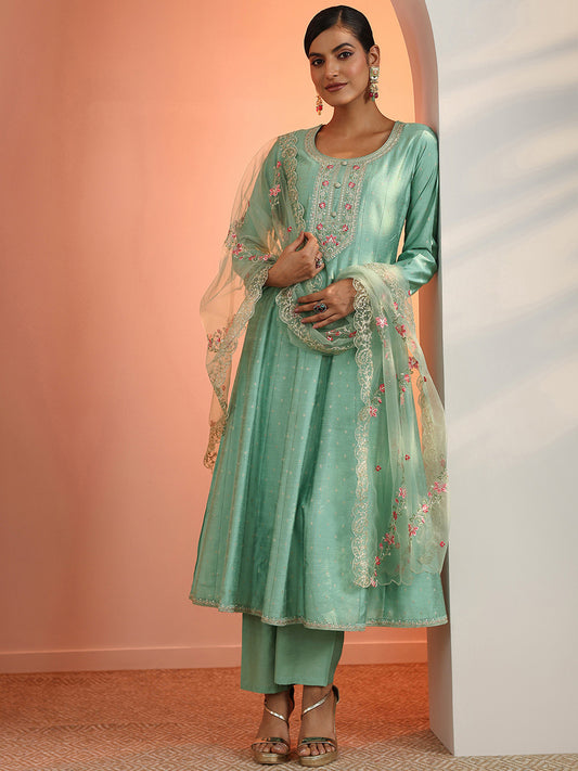 Women Woven Design Embroidered A-Line Kurta with Trousers & Dupatta