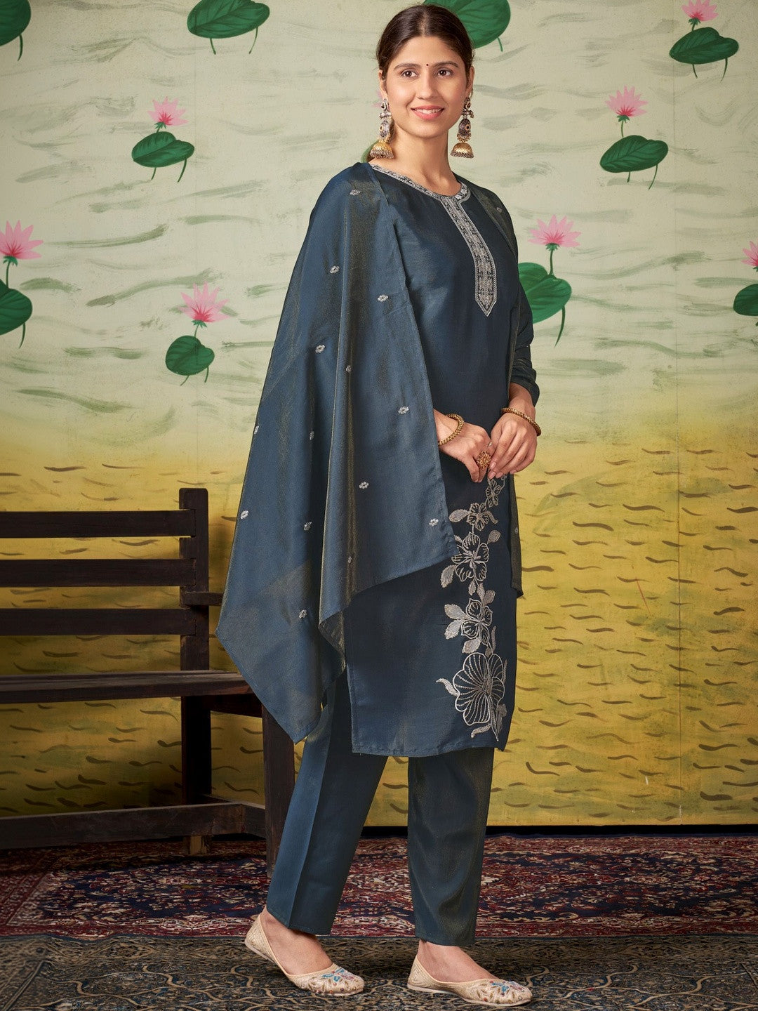 Embroidered Round Neck Kurti & Trousers With Dupatta