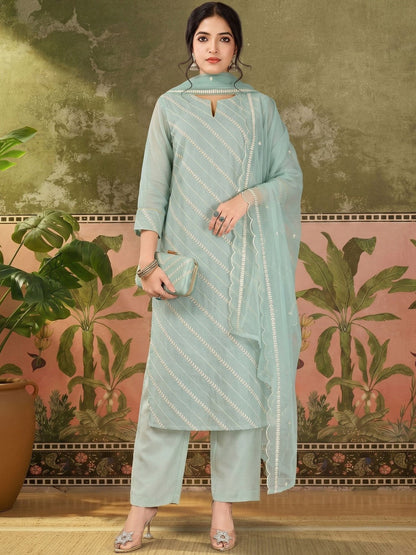 Striped Round Neck Kurta & Trousers With Dupatta