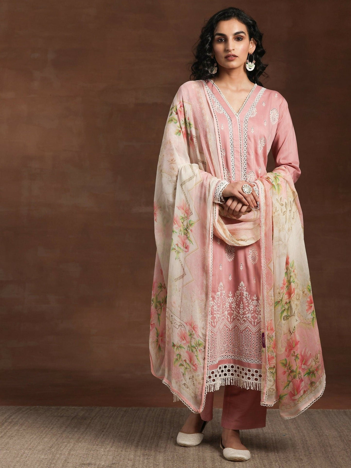 Women's LB Pink Embroidered Silk Blend Straight Suit With Dupatta