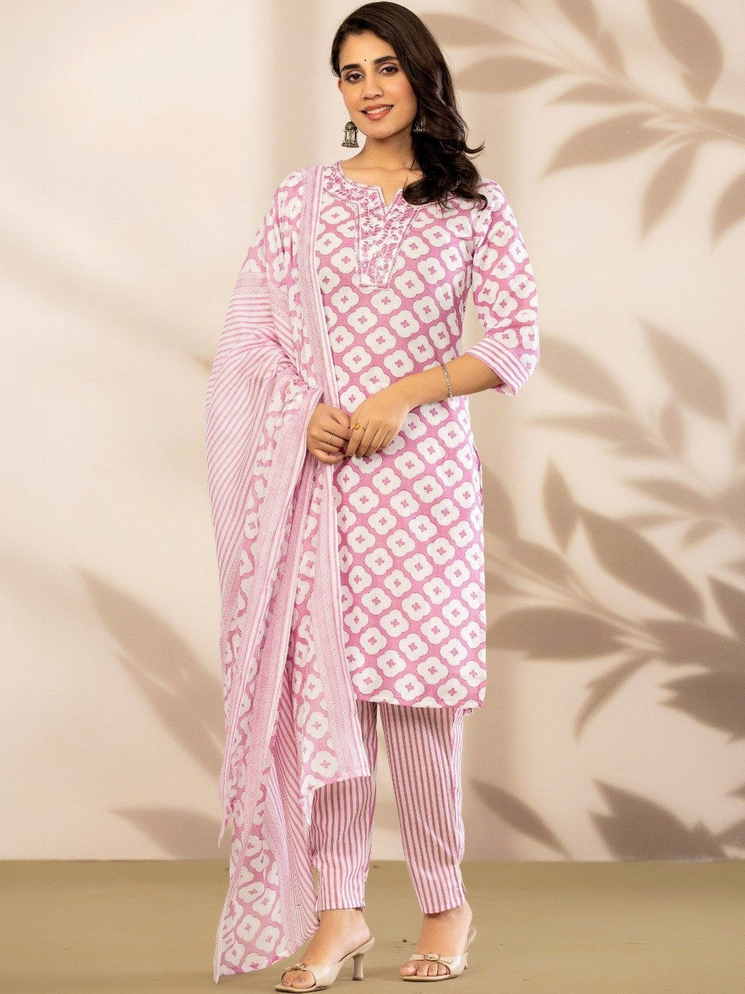 Women Ethnic Motifs Printed Regular Thread Work Pure Cotton Kurta with Trousers & With Dupatta