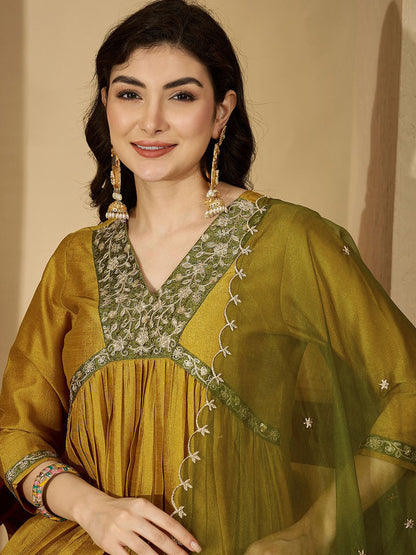 Floral Embroidered V-Neck Empire Sequinned A-Line Kurta & Trousers With Dupatta