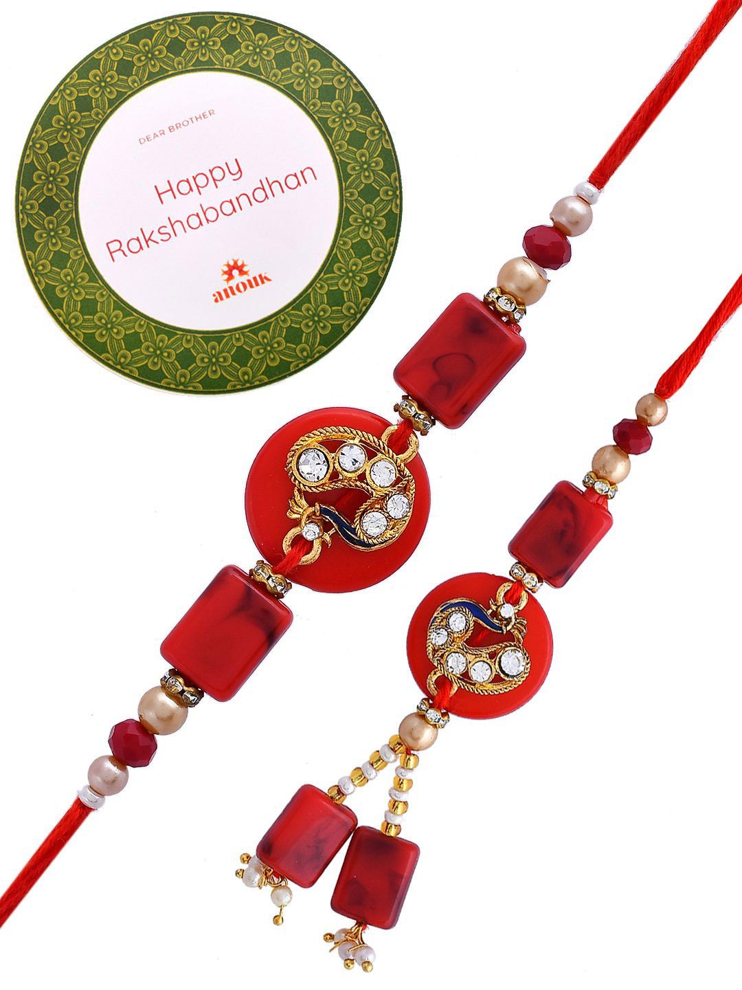 Dhiyona Gold-Toned Set Of 2 Stones Studded & Beaded Thread Rakhis With Roli Chawal