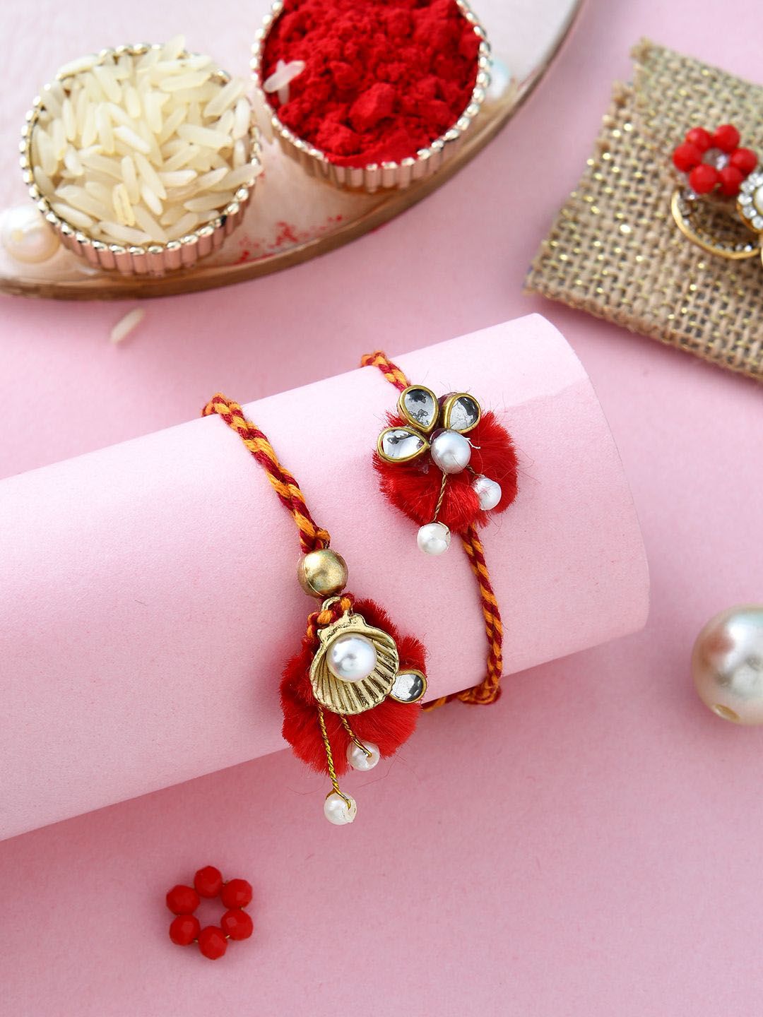 Dhiyona Red Pearl-Beaded Bhaiya Bhabhi Rakhi With Roli Chawal & Greeting Card