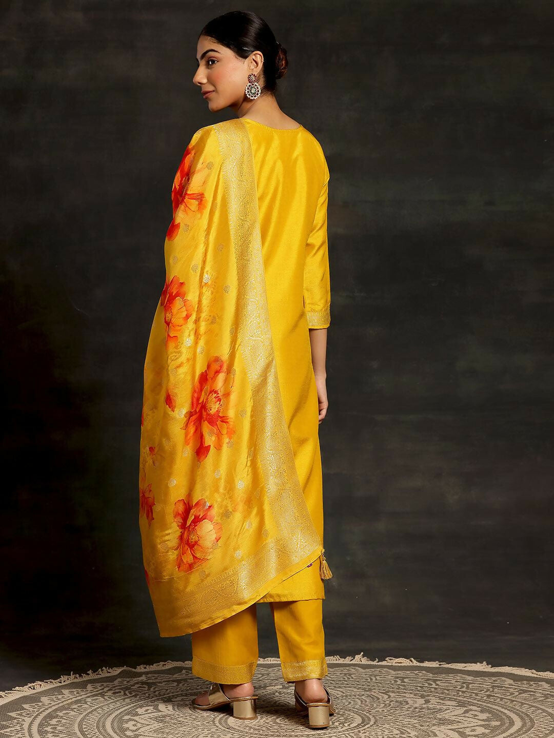 Women's LB Mustard Woven Design Silk Blend Straight Suit With Dupatta