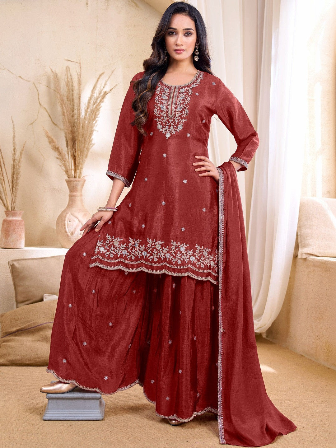 Dhiyona SN Embroidered Round Neck Kurta & Palazzos With Dupatta