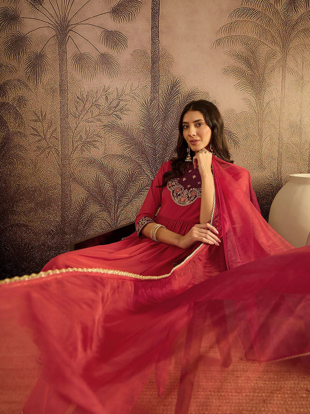 Floral Embroidered Sequinned Thread Work Kurta With Trousers & Dupatta
