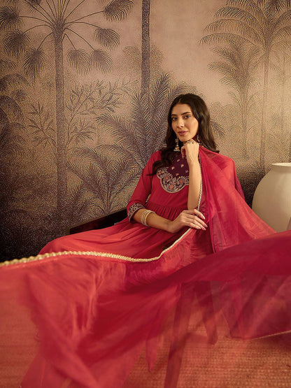 Floral Embroidered Sequinned Thread Work Kurta With Trousers & Dupatta