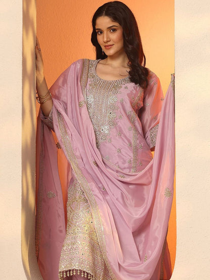 Dhiyona LL Ethnic Motifs Embroidered Organza Straight Kurta With Palazzos & Dupatta
