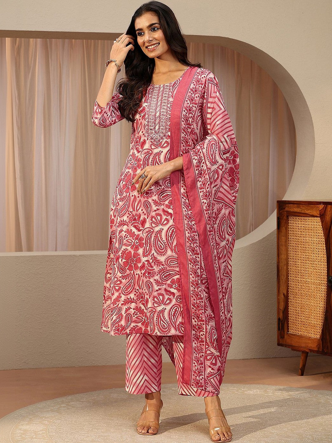 Red Paisley Printed Cotton Straight Suit Set