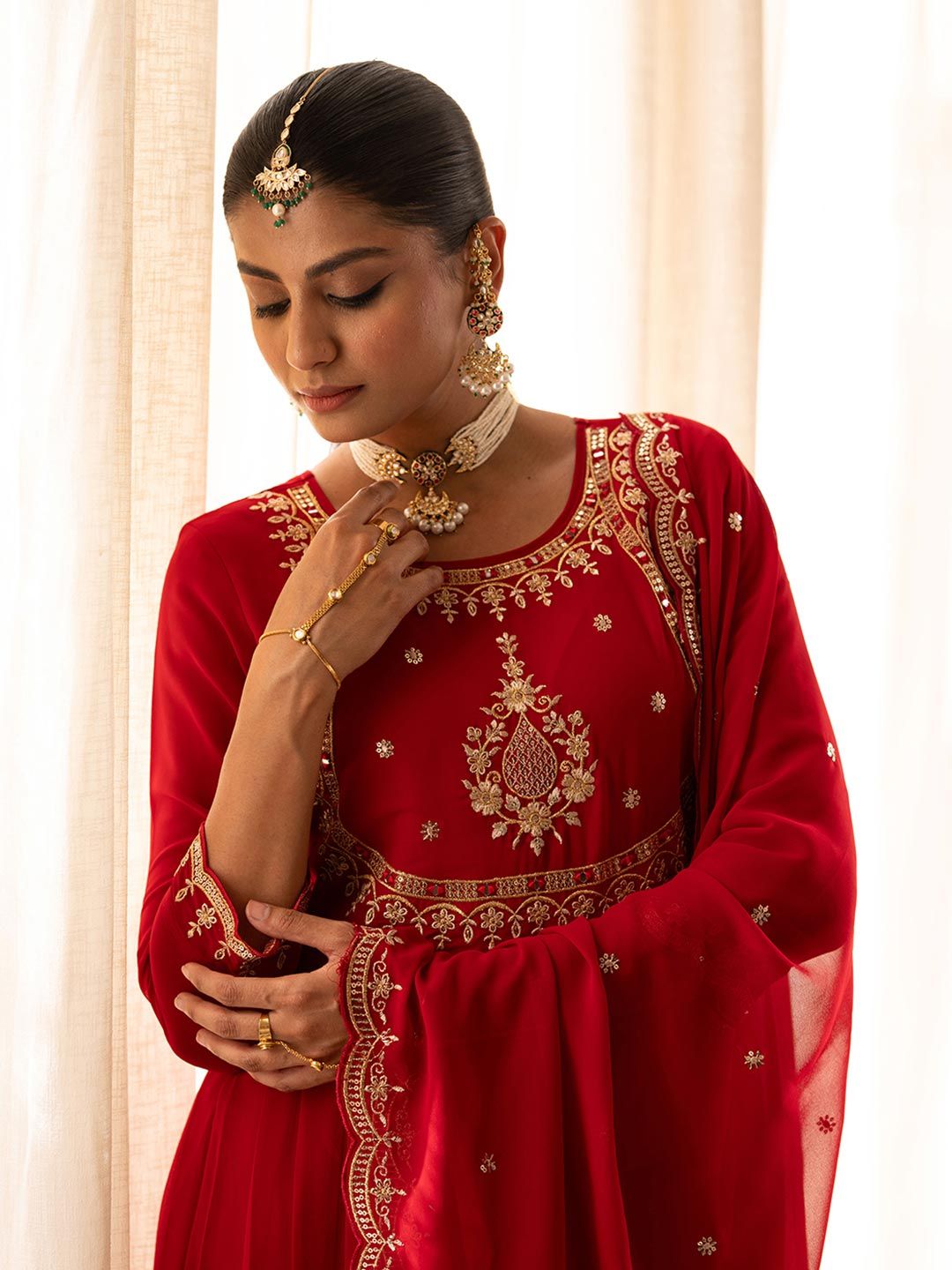 Dhiyona CH Women Floral Embroidered Pleated Mirror Work Kurta with Trousers & Dupatta