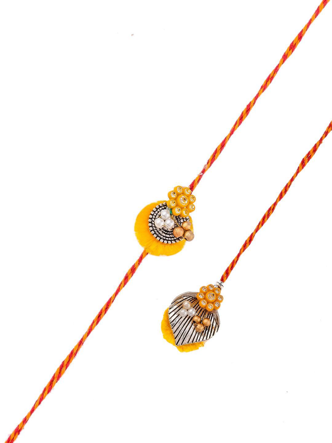 Dhiyona Gold Toned Beaded Bhaiya Bhabhi Thread Rakhis With Roli, Chawal & Greeting Card