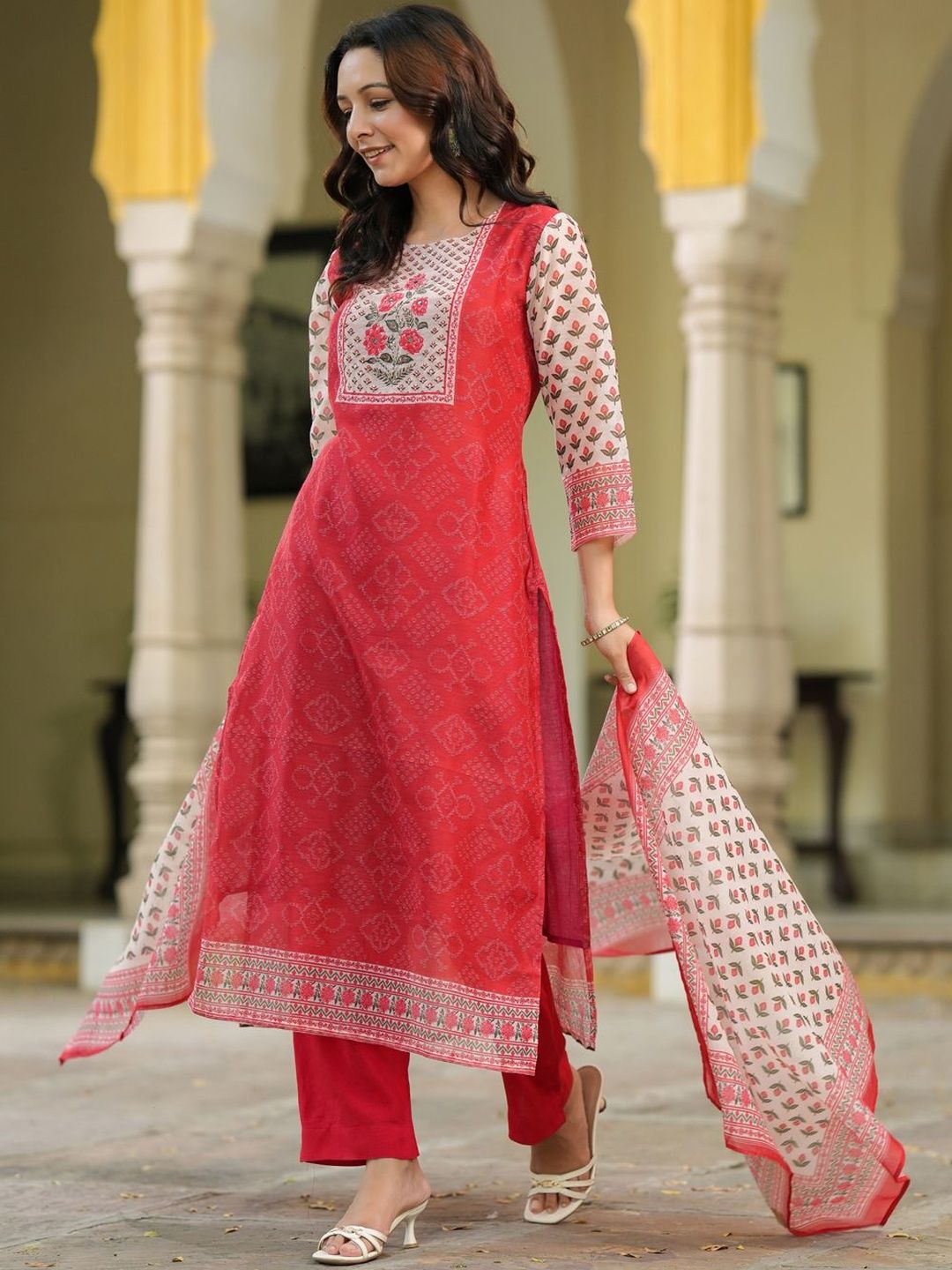 Dhiyona RR Women's Bandhani Printed Sequinned Chanderi Cotton Kurta With Trousers & Dupatta