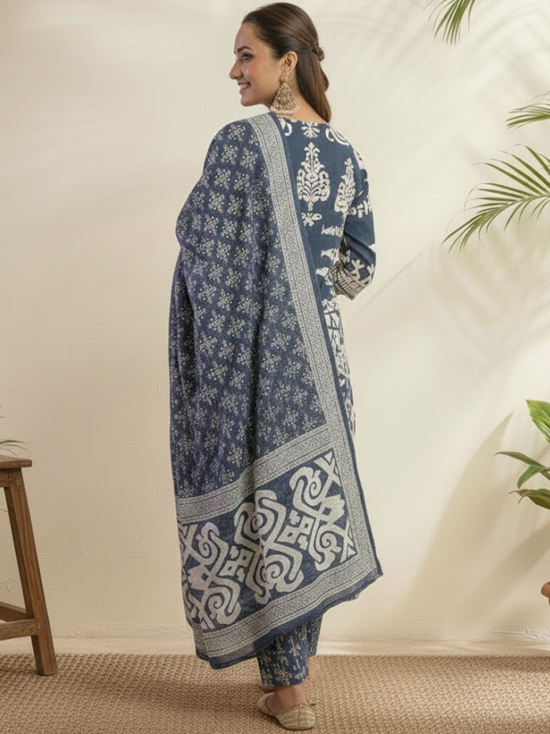 Printed Pure Cotton V-Neck Kurta & Trousers With Dupatta