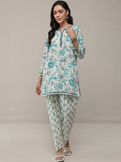 Blue Floral Printed Cotton Straight Kurta Set