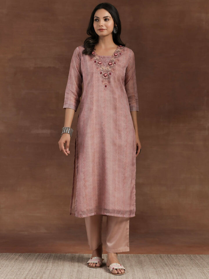 Women's LB Pink Printed Organza Straight Suit With Dupatta