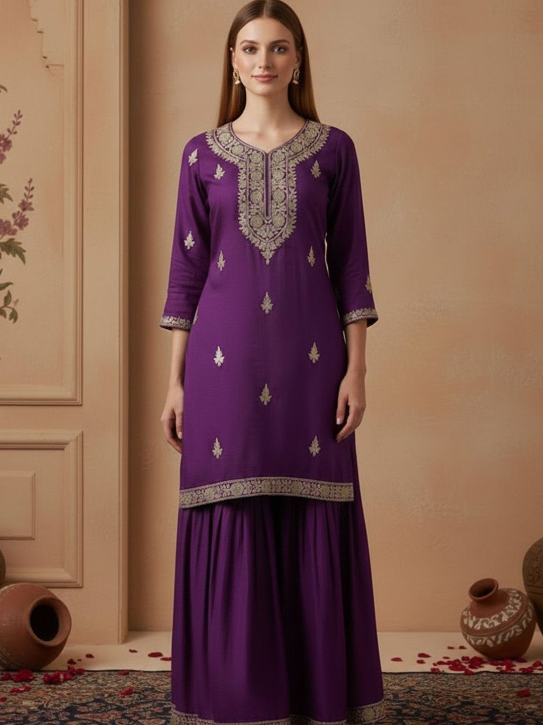 Dhiyona SN Embroidered Round Neck Kurta & Sharara Kurta Set