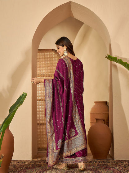 Foil Printed Embroidered Kurta With Trouser & Dupatta