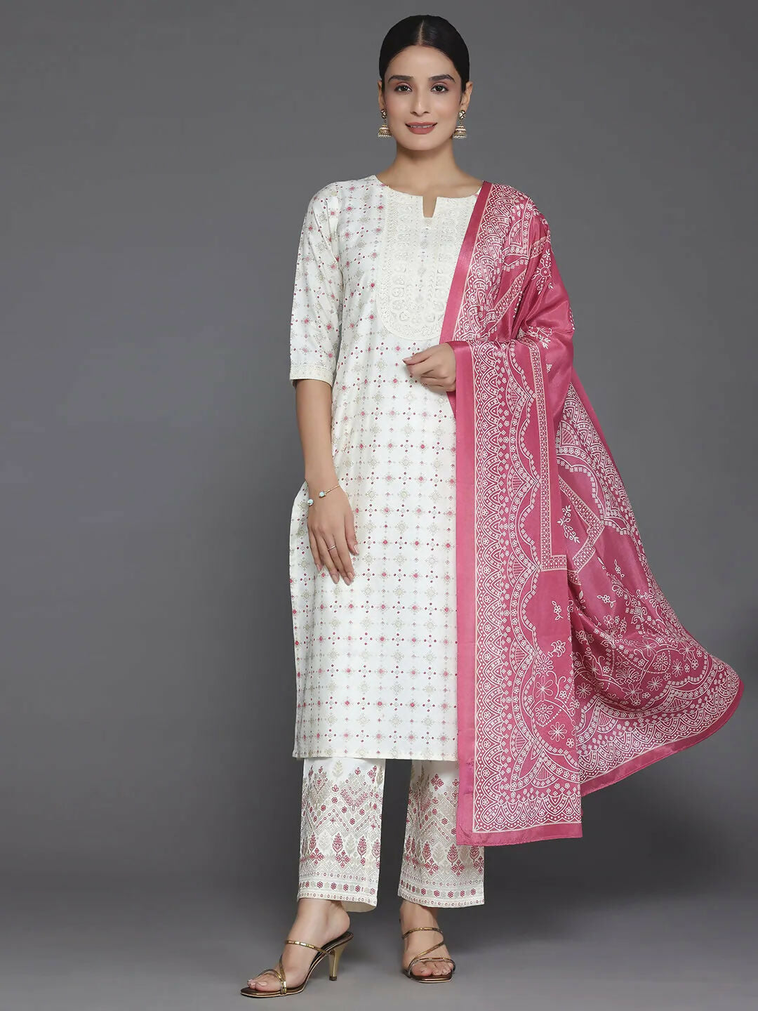 Women's LB Off White Printed Silk Blend Straight Suit With Dupatta