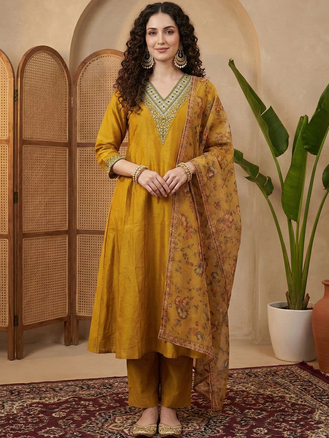Dhiyona SN Embroidered V-Neck Kurta & Trousers With Dupatta