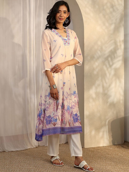 Women Floral Printed Regular Thread Work Kurta with Trousers & With Dupatta
