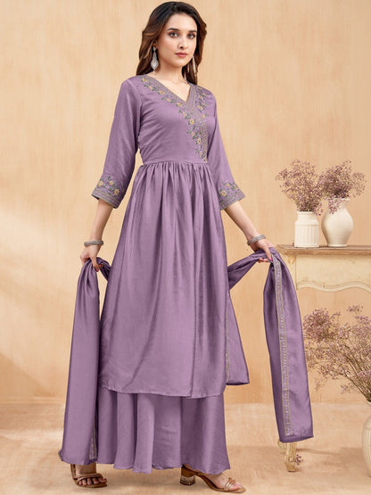 Embroidered V-Neck Kurta & Palazzos With Dupatta