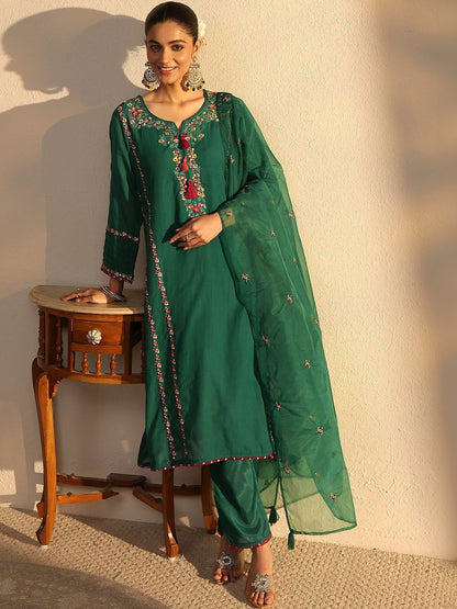 Women Ethnic Motifs Embroidered Regular Chanderi Cotton Kurta with Trousers & With Dupatta