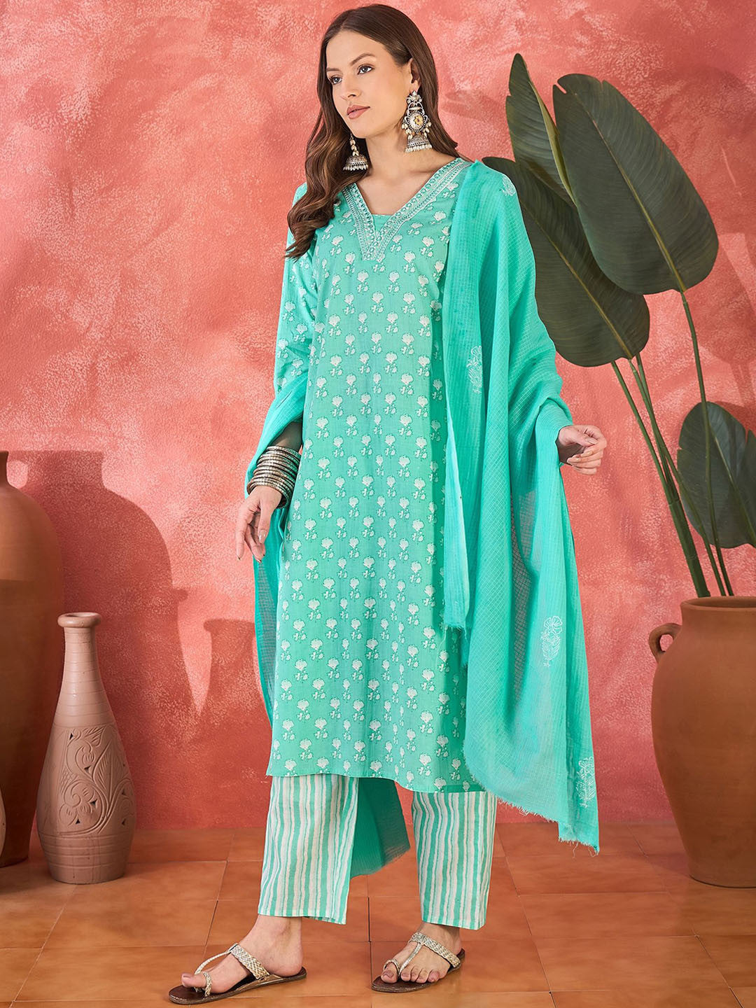 Floral Printed V-Neck Mirror Work Pure Cotton Straight Kurta & Trouser & Dupatta