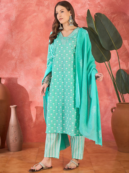 Floral Printed V-Neck Mirror Work Pure Cotton Straight Kurta & Trouser & Dupatta