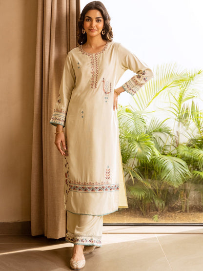 Geometric Embroidered Round Neck Thread Work Straight Kurta With Palazzos