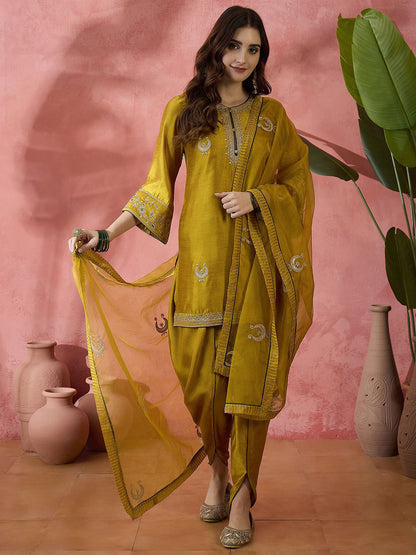 Floral Embroidered Flared Sleeves Zari Straight Kurti With Dhoti Pant & Dupatta
