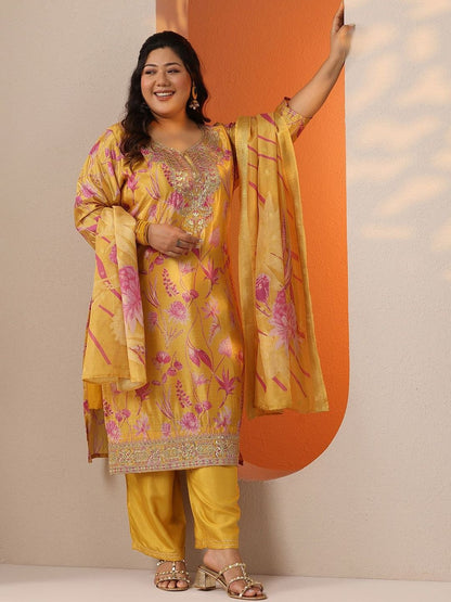 Dhiyona Women's Plus Size Floral Printed Regular Kurta with Palazzos & With Dupatta