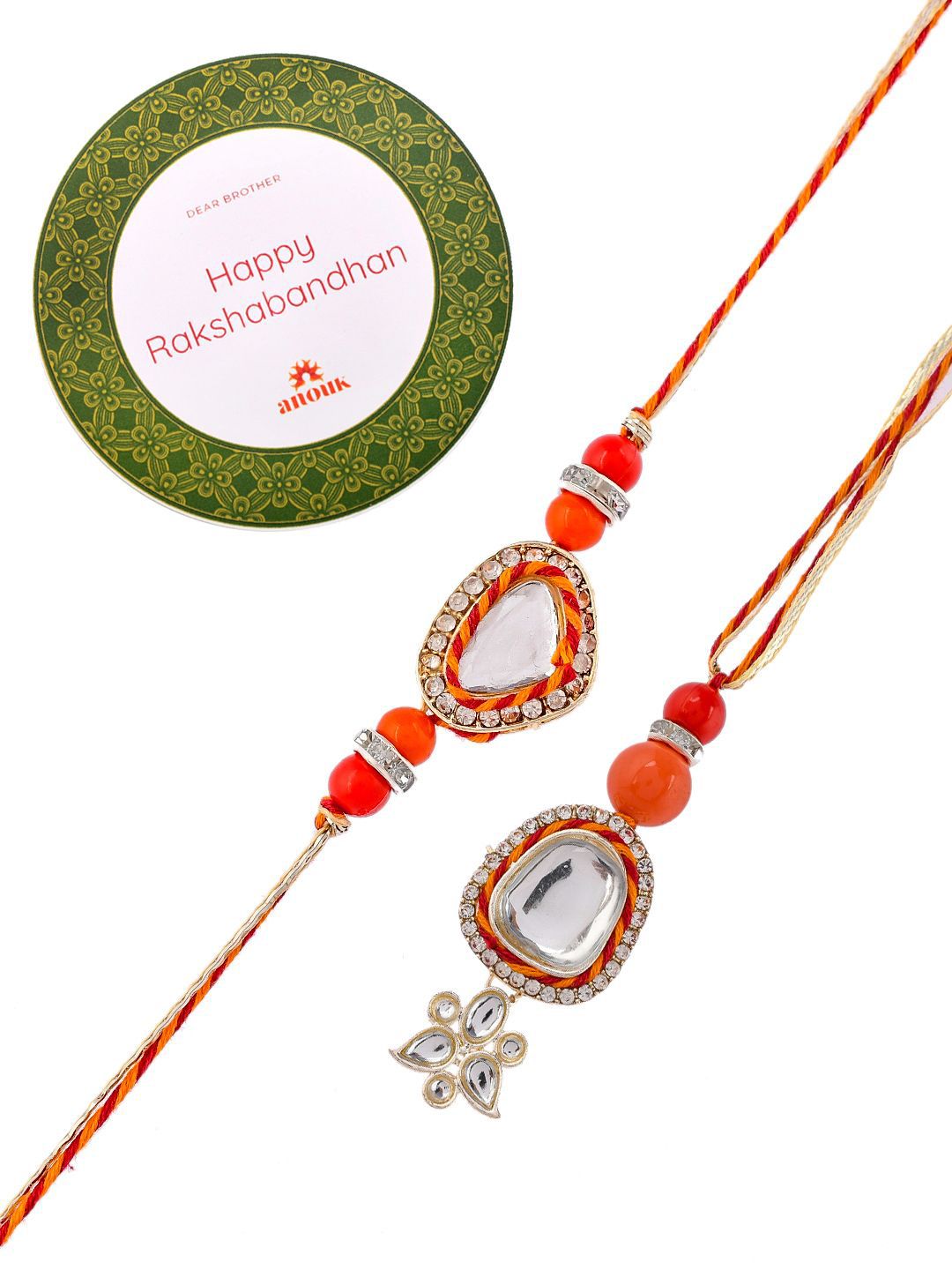 Dhiyona Red Stone Studded & Beaded Bhaiya Bhabhi Rakhis With Roli Chawal & Greeting Card
