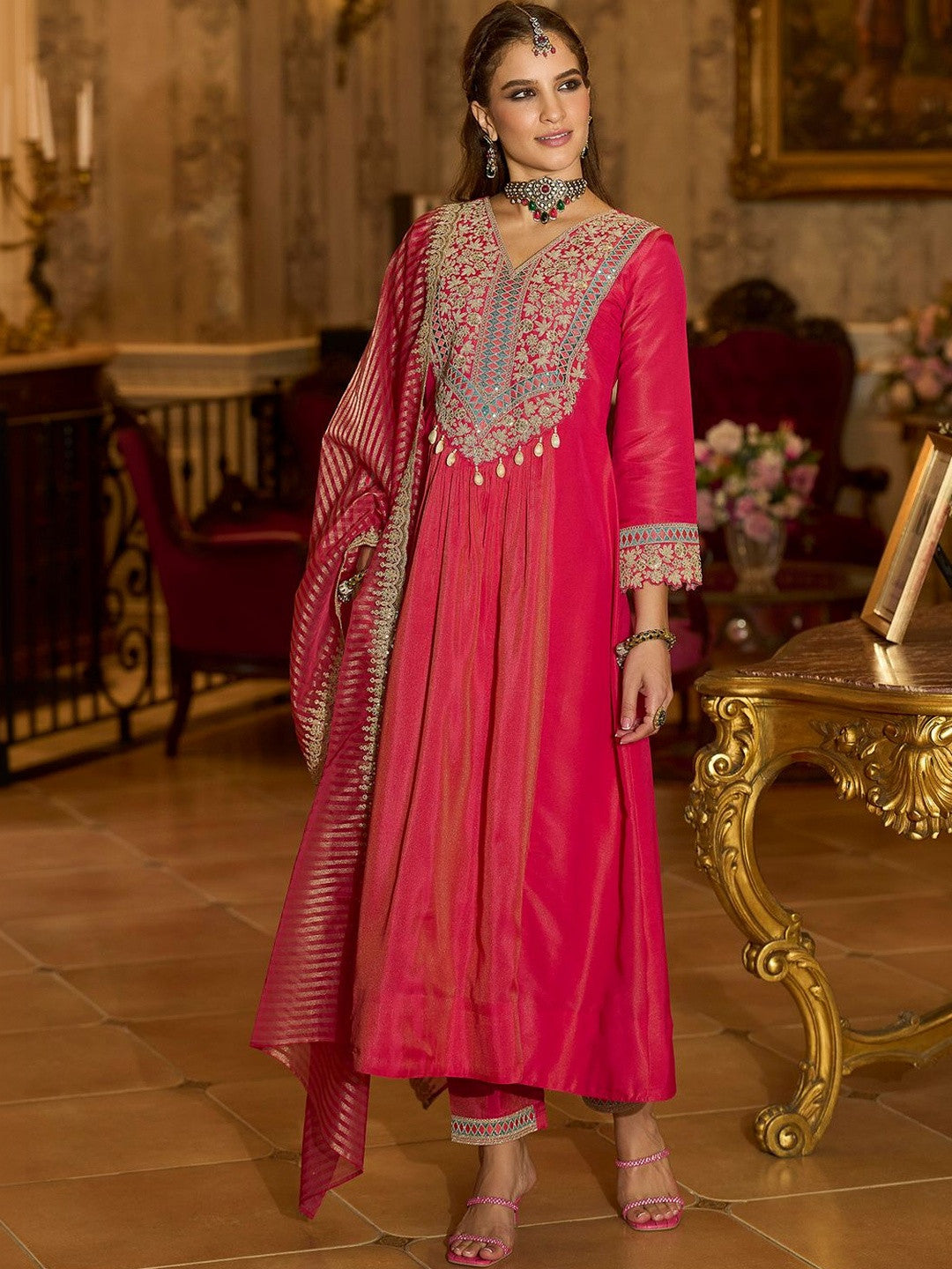 Floral Embroidered V-Neck A-Line Kurta With Trousers & Dupatta