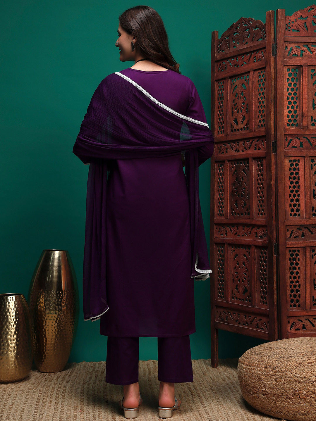 Floral Embroidered Chikankari Pure Cotton Straight Kurta With Trouser And Dupatta