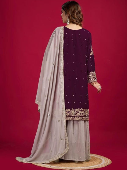 Dhiyona KL Women Ethnic Motifs Embroidered Regular Sequinned Kurta with Sharara & With Dupatta