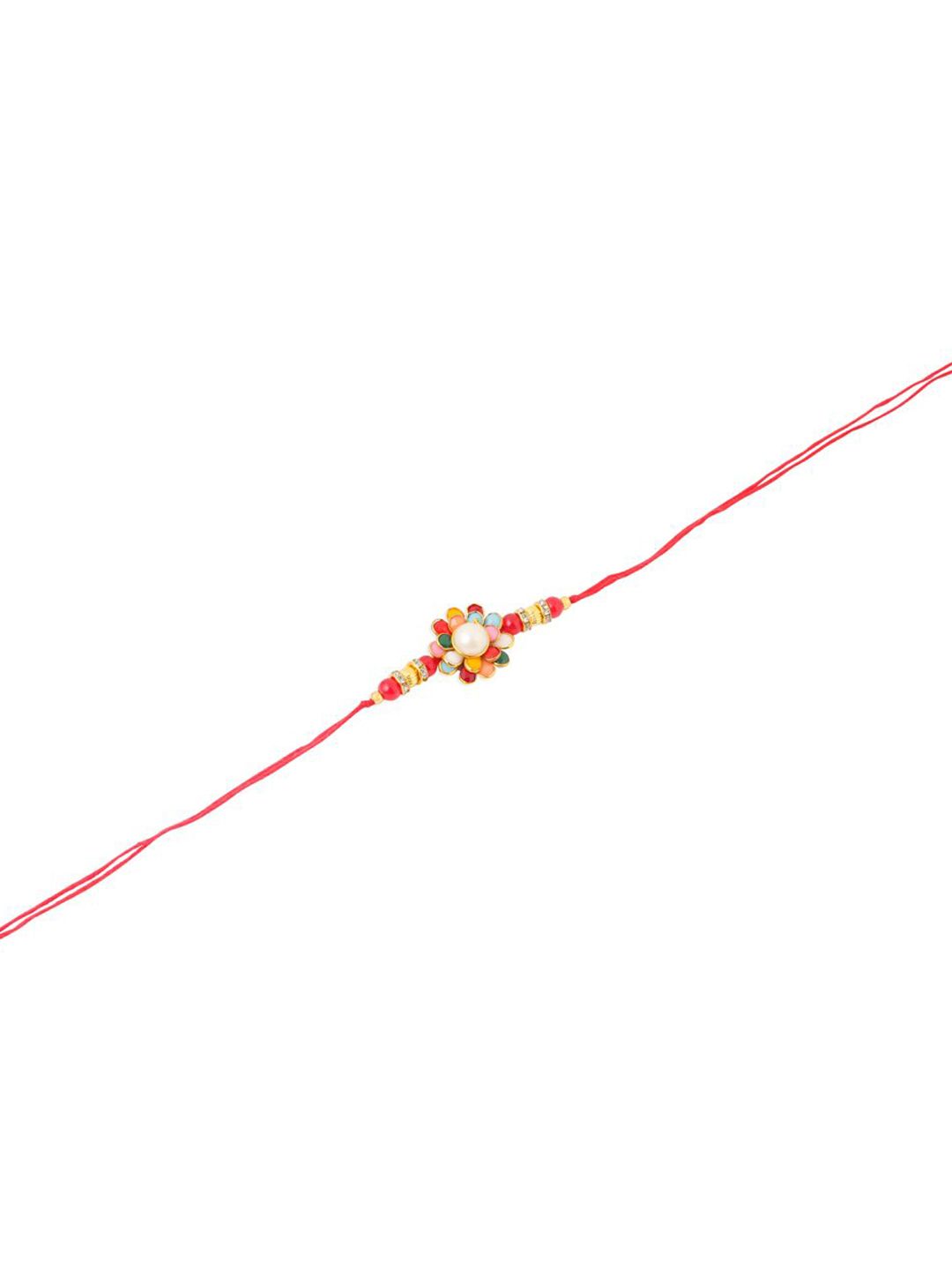Dhiyona Stones Studded & Beaded Floral Design Thread Rakhi With Roli Chawal Chandan & Mishri