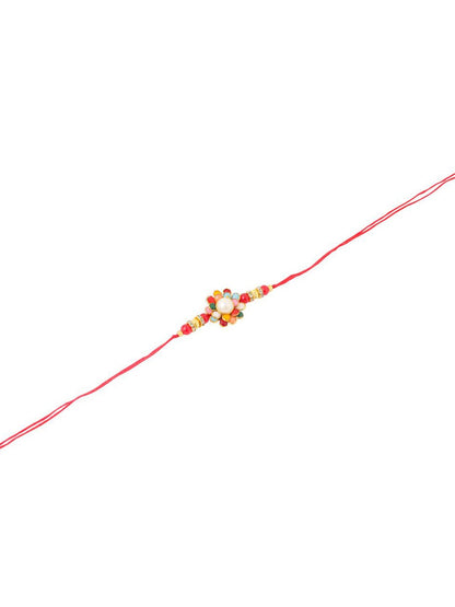 Dhiyona Stones Studded & Beaded Floral Design Thread Rakhi With Roli Chawal Chandan & Mishri