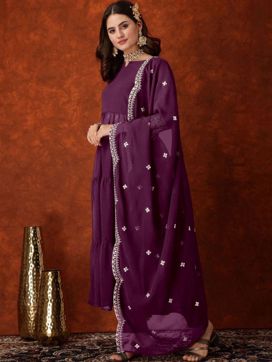 Floral Embroidered Anarkali Kurta Trousers With Dupatta