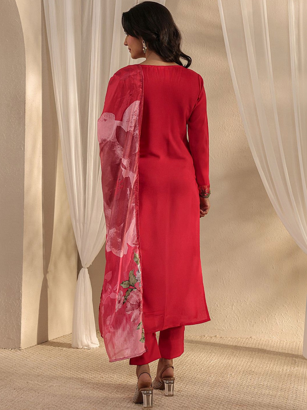 Red Floral Embroidered Straight Suit Set with Dupatta