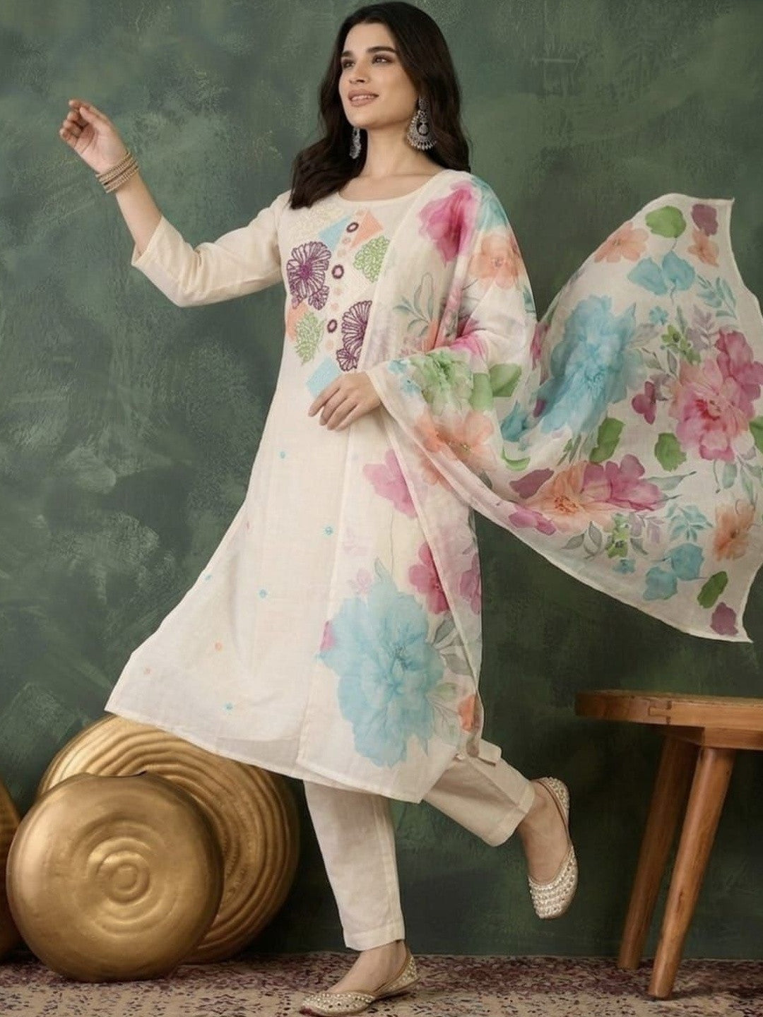 Embroidered Pure Cotton Round Neck Kurta & Trousers With Dupatta