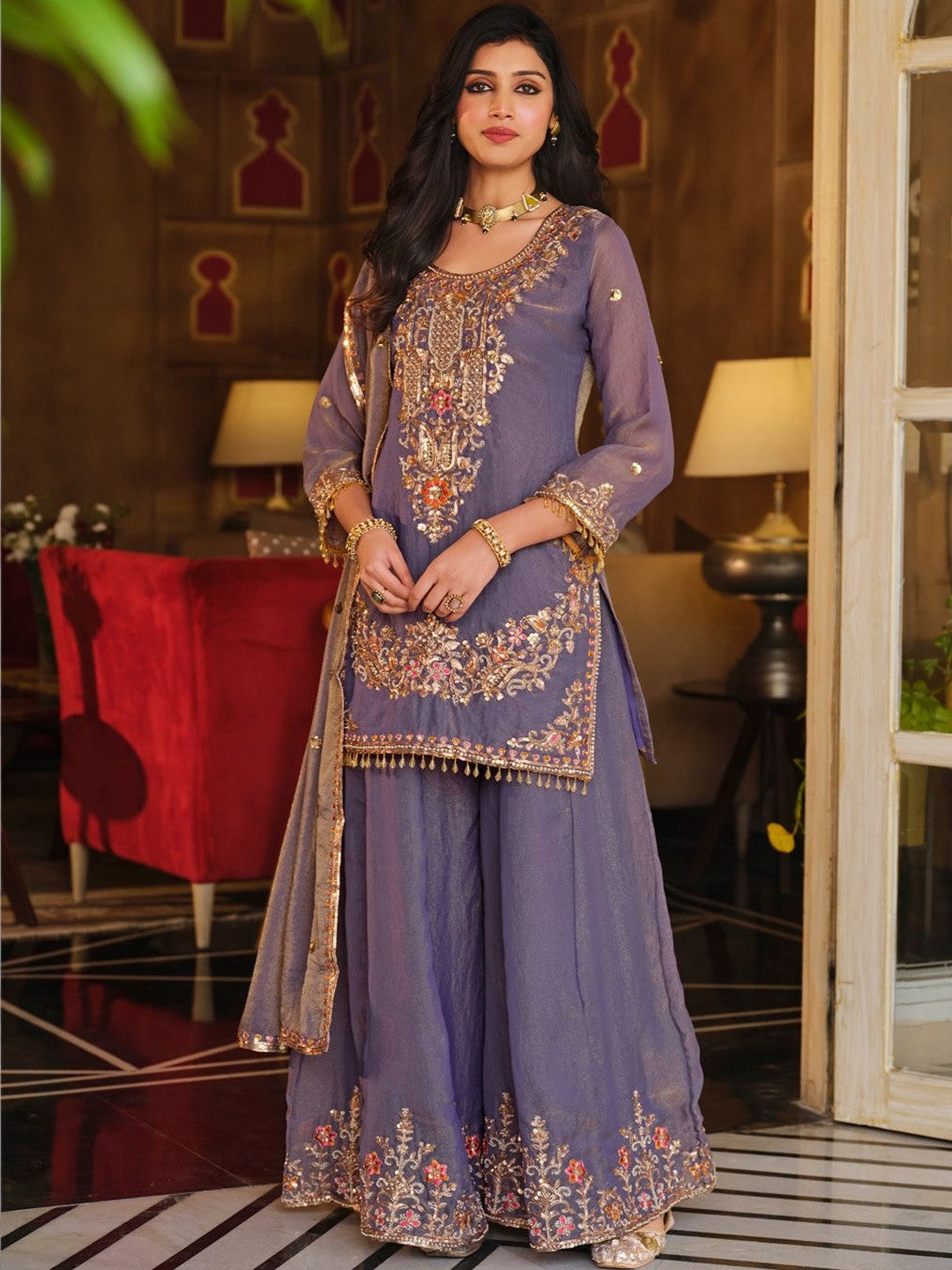 Women Ethnic Motifs Embroidered Regular Sequinned Kurta with Sharara & With Dupatta