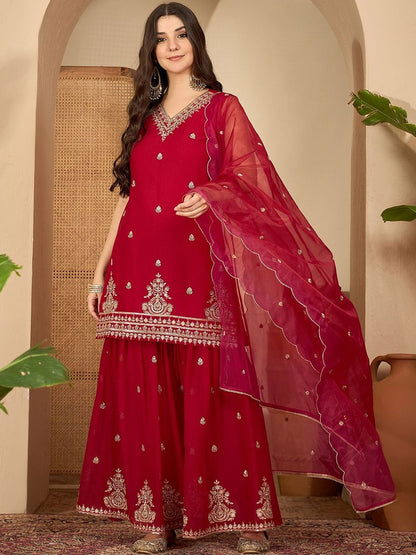 Dhiyona SN Floral Embroidered Thread Work Straight Kurta With Sharara & Dupatta