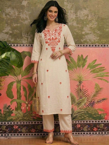 Embroidered Pure Cotton Round Neck Kurta & Trousers With Dupatta