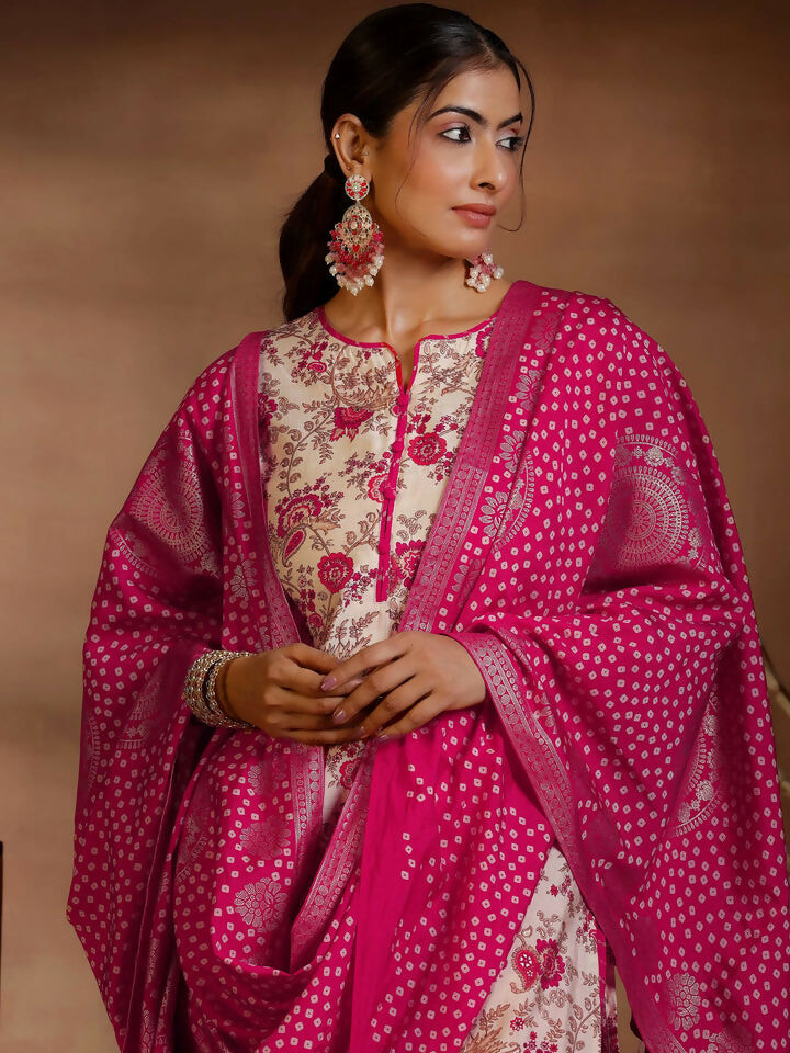 Women's LB Pink Printed Silk Blend Straight Suits With Dupatta