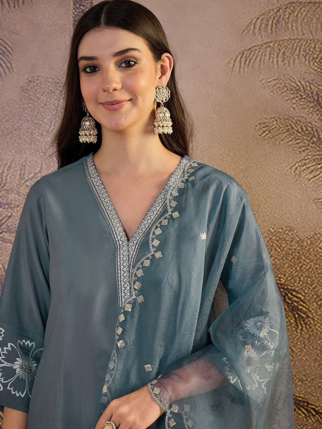 Embroidered V-Neck Kurta & Trousers Kurta Sets