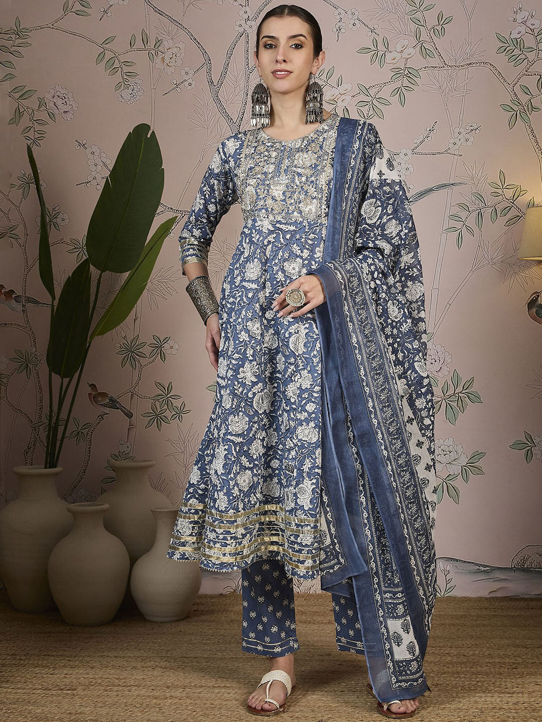 Dhiyona SN Floral Printed Zari Pure Cotton A-Line Kurta With Trousers And Dupatta