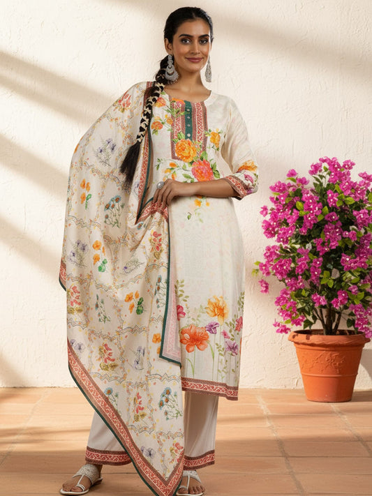 Floral Printed Regular Beads and Stones Kurta with Trousers & Dupatta